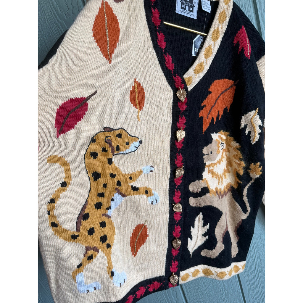 NWT Vintage Storybrook Knits Fall Animal Cardigan Leopard Fox Leaves Sweater L