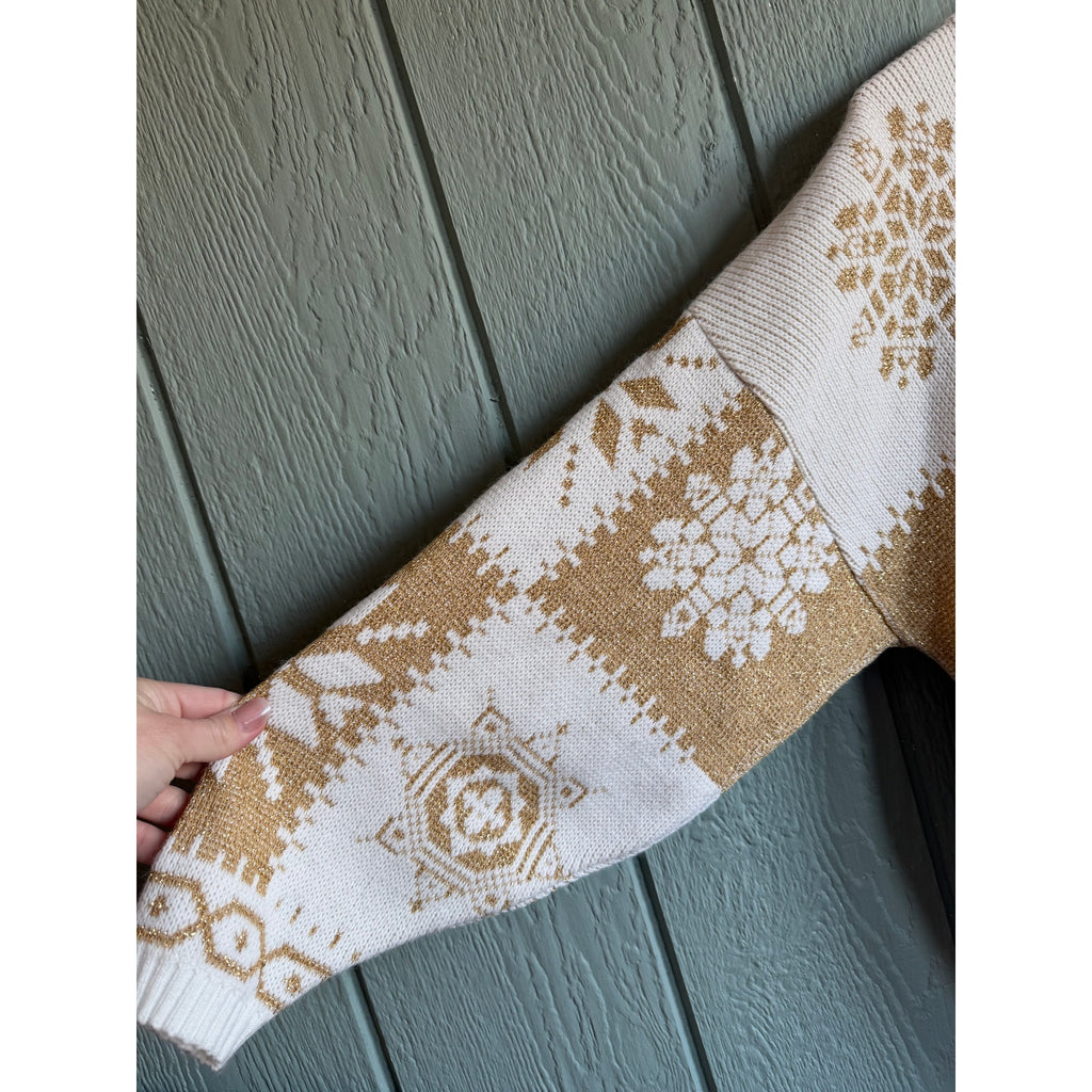 Vintage New Addition Ivory & Gold Snowflake Knit Sweater Holiday Cozy