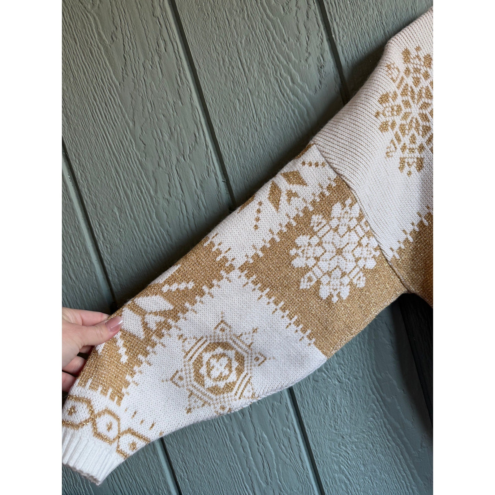 Vintage New Addition Ivory & Gold Snowflake Knit Sweater Holiday Cozy
