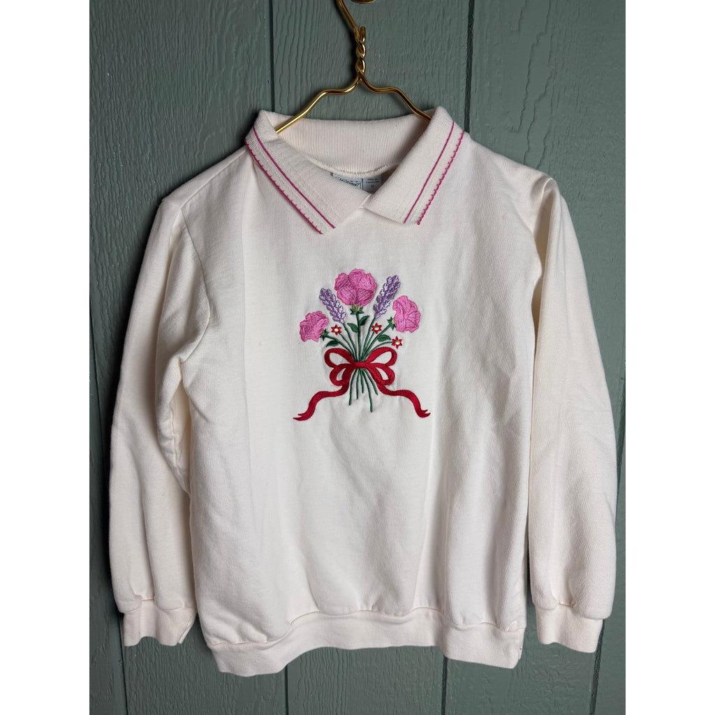 Vintage 90s Embroidered Floral Sweatshirt Collared Pullover Pink Cream Small