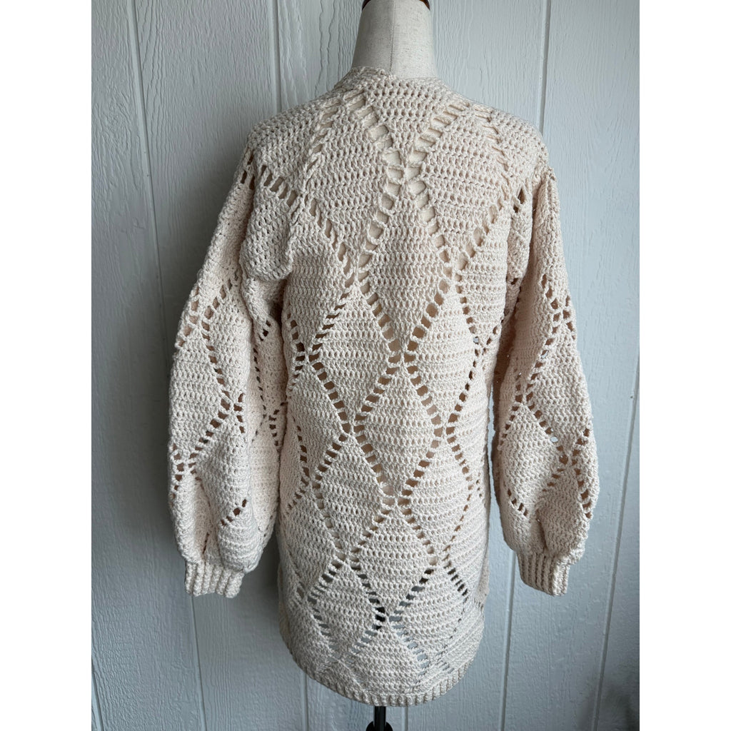 Vintage Hand Crochet Boho Cardigan Cream Open Knit Balloon Sleeve