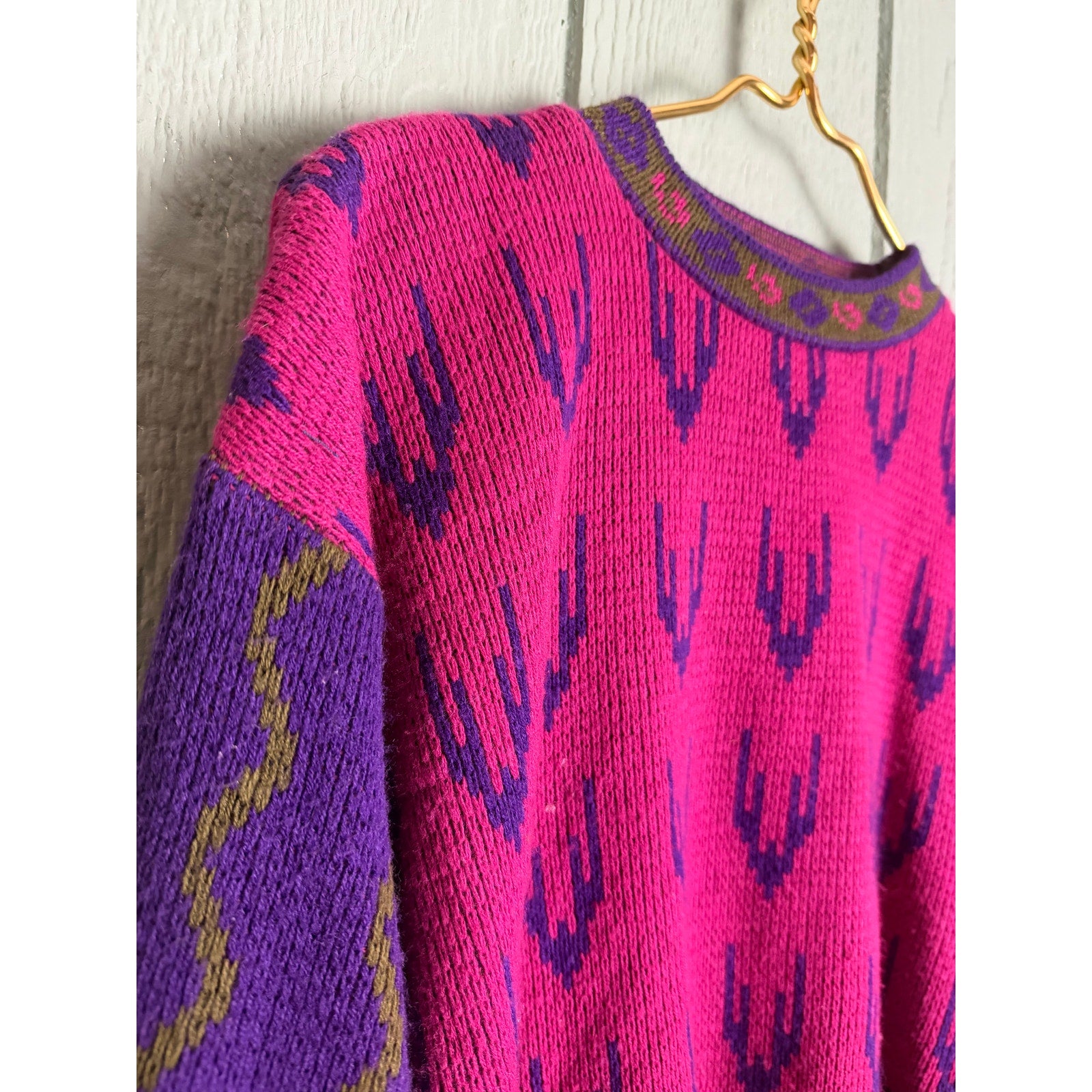 Vintage 80s 62 East Neon Pink Purple Southwestern Knit Sweater Size M