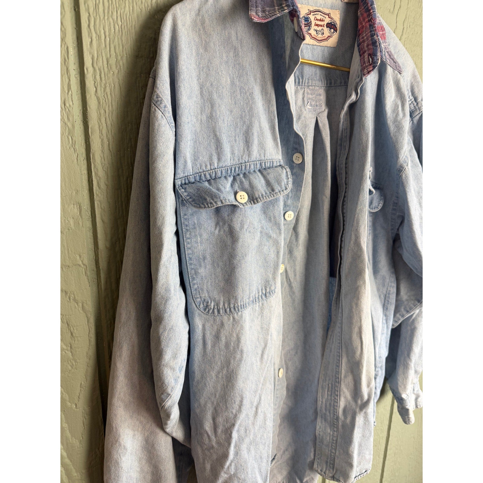 Vintage Denim Button-Up Shirt | Plaid Lined Collar | 90s Workwear