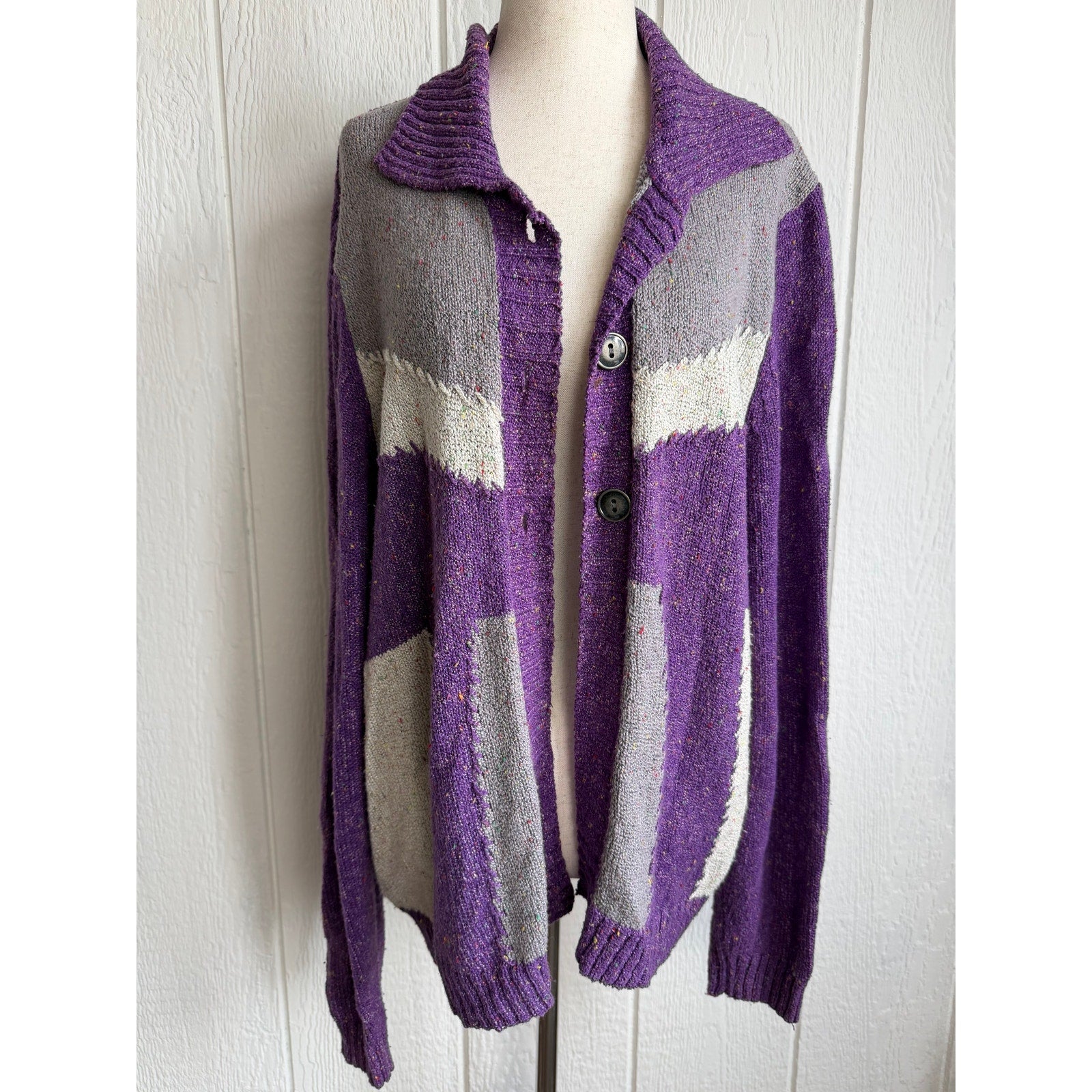 Vintage Blair Cardigan Sweater Purple Gray Confetti Knit 90s Cottagecore