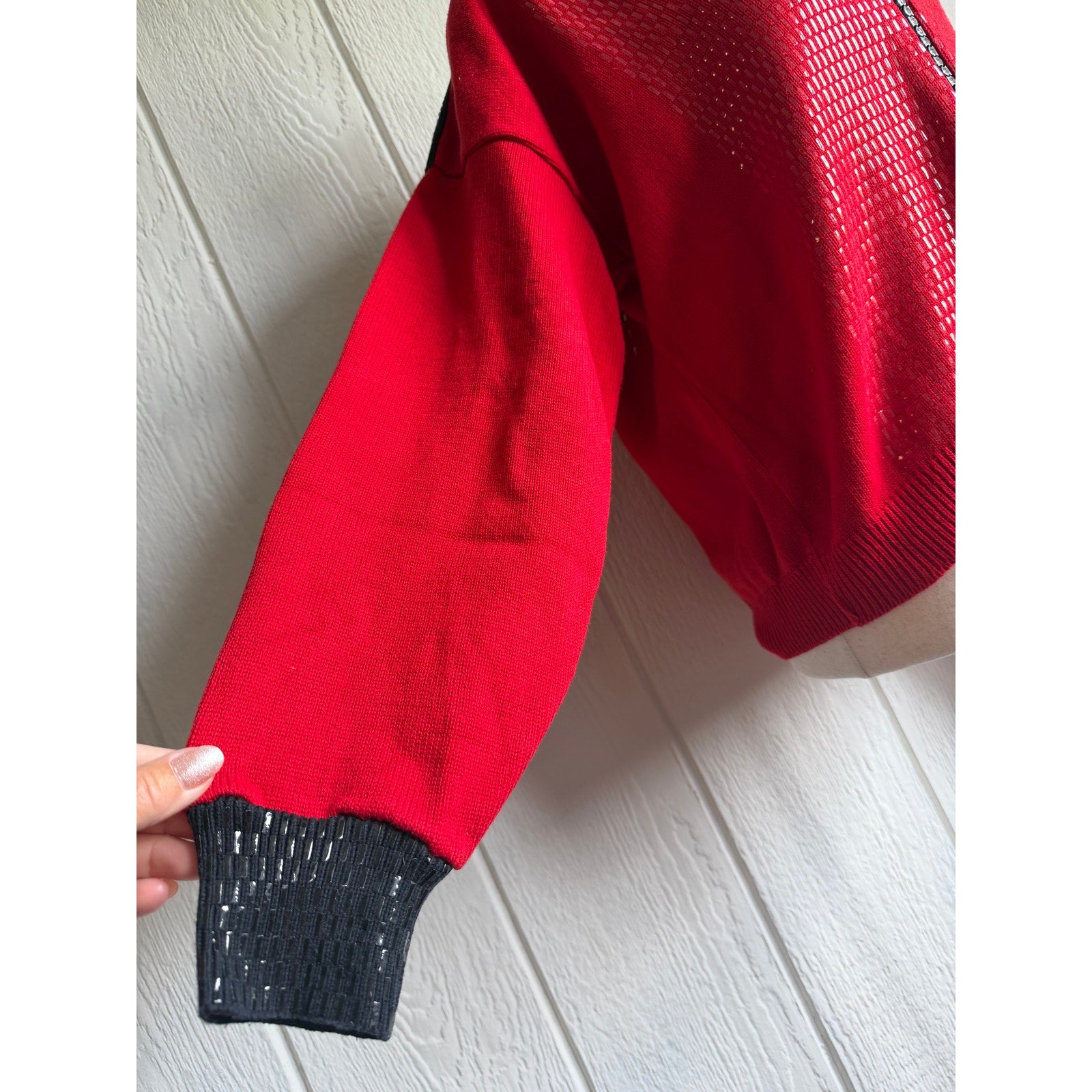 Vintage Mardel Red Rhinestone Zip Cardigan Sweater Sequin Statement