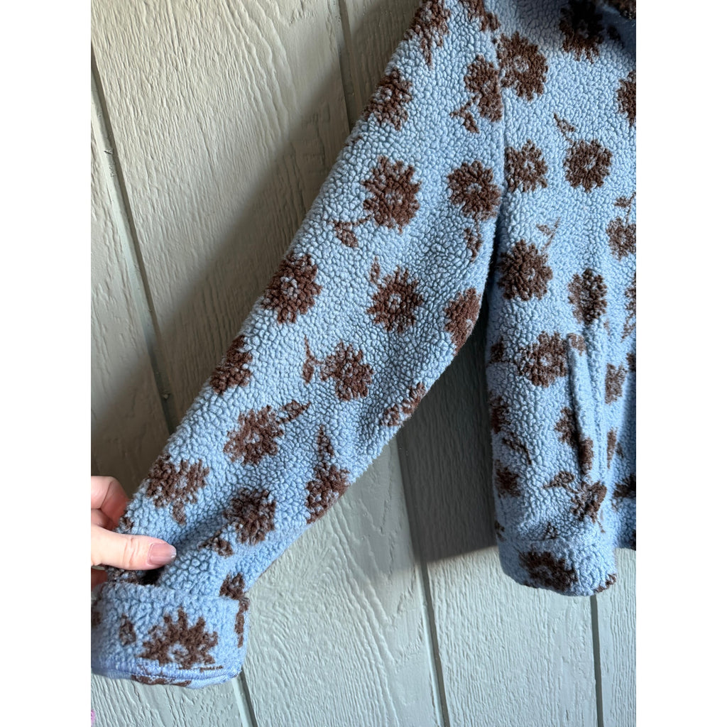 Vintage Floral Sherpa Fleece Jacket Women’s Blue Brown Zip Front Cozy Small