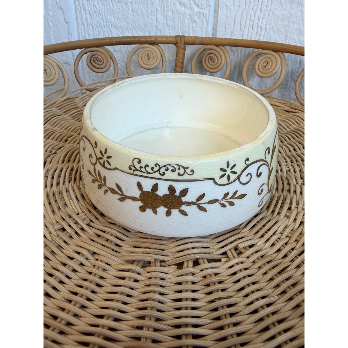 Vintage Hand Painted Japan Ceramic Bowl Brown Floral Scroll Cottage Decor