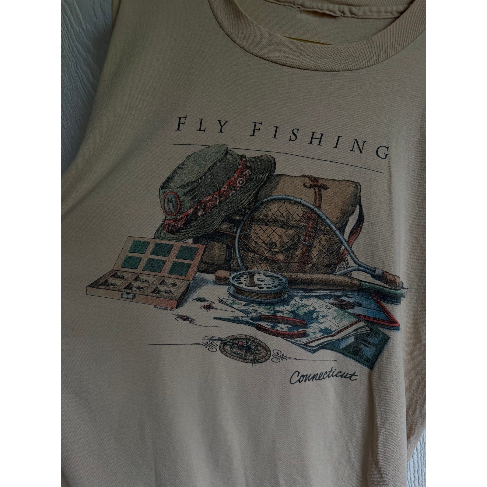 Vintage Single Stitch Fly Fishing Connecticut Graphic T Shirt Beige USA Made