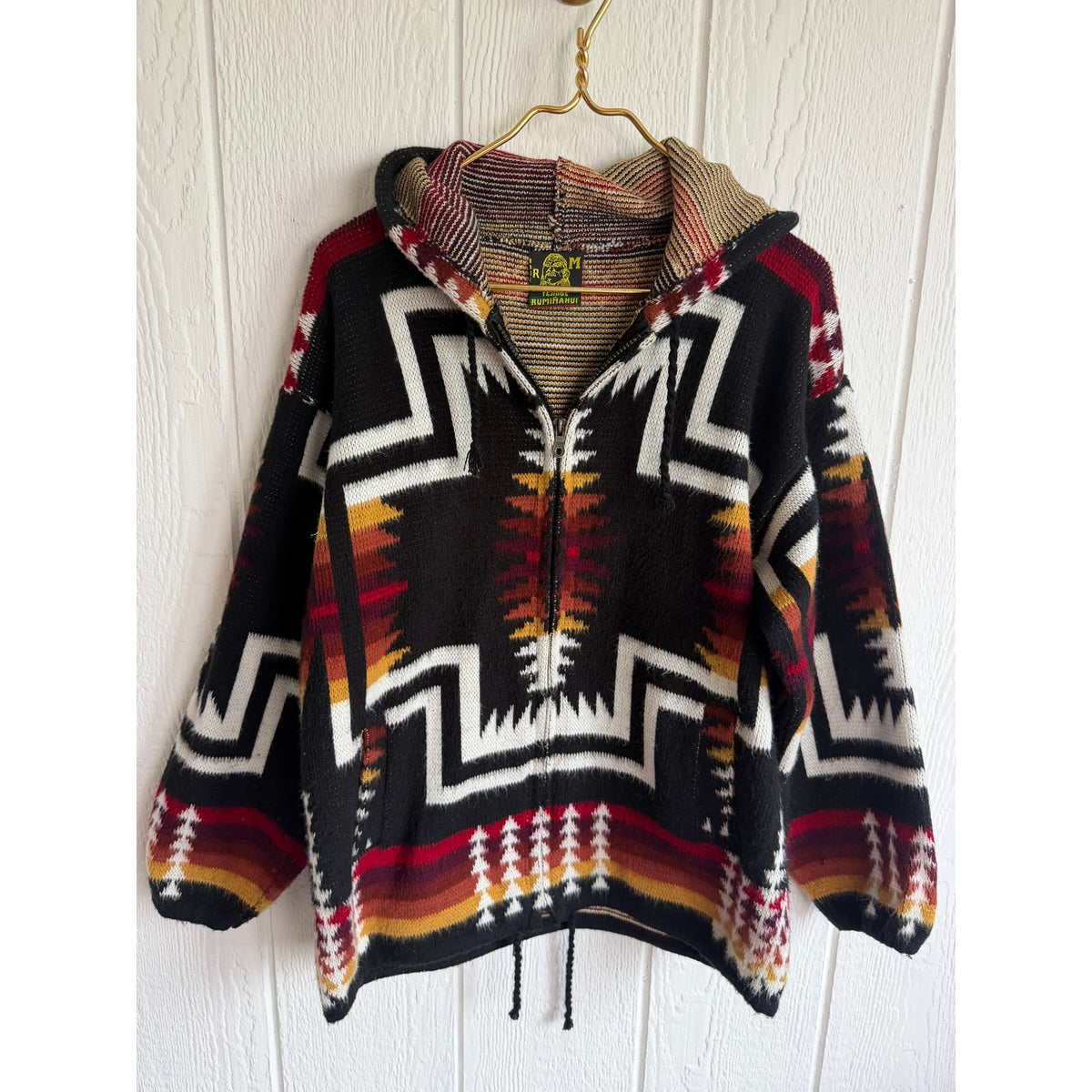 Vintage Ruminahui Ecuador Wool Hooded Sweater Jacket Medium Southwestern Aztec