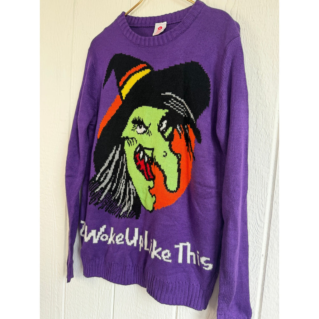 Y2K Halloween Witch Sweater Purple Graphic “I Woke Up Like This” Size Medium