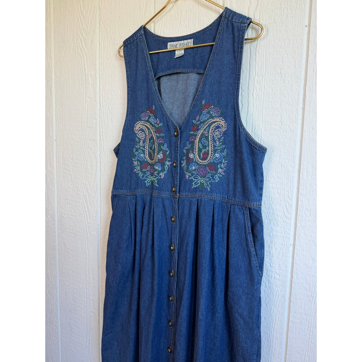 Vintage 90s Jane Ashley Denim LG Maxi Dress Embroidered Paisley Floral Button