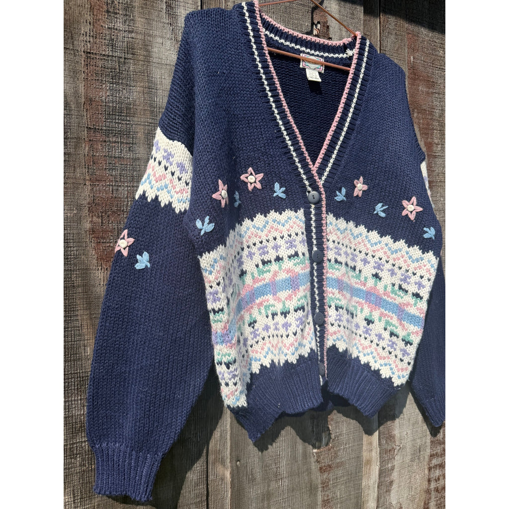 Vintage 90s Floral Knit Fair Isle Cardigan Small