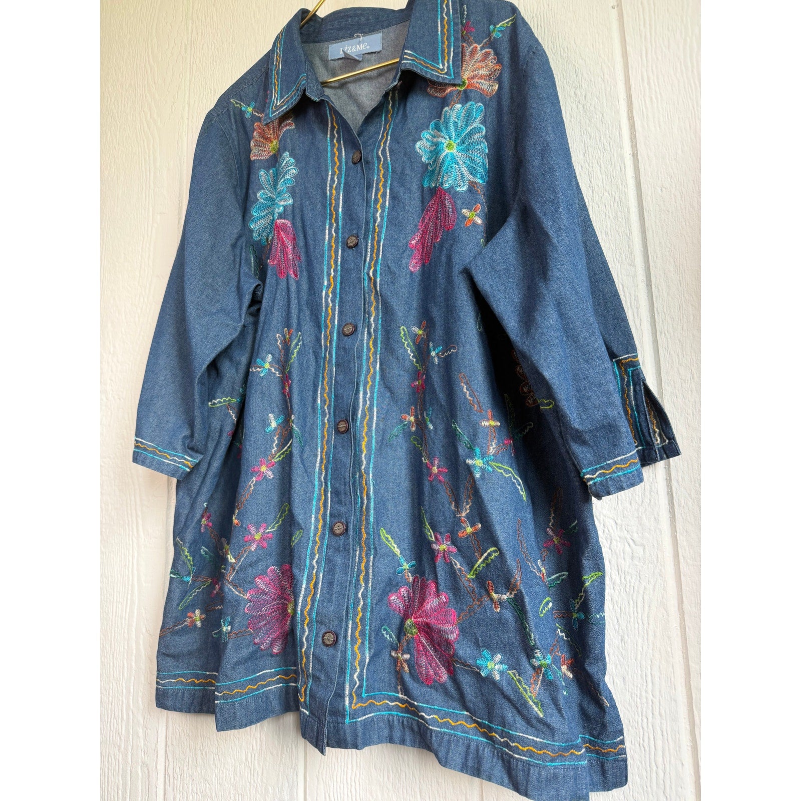 Liz & Me 3X Embroidered Denim Button Up Tunic Floral Boho Cottagecore Plus