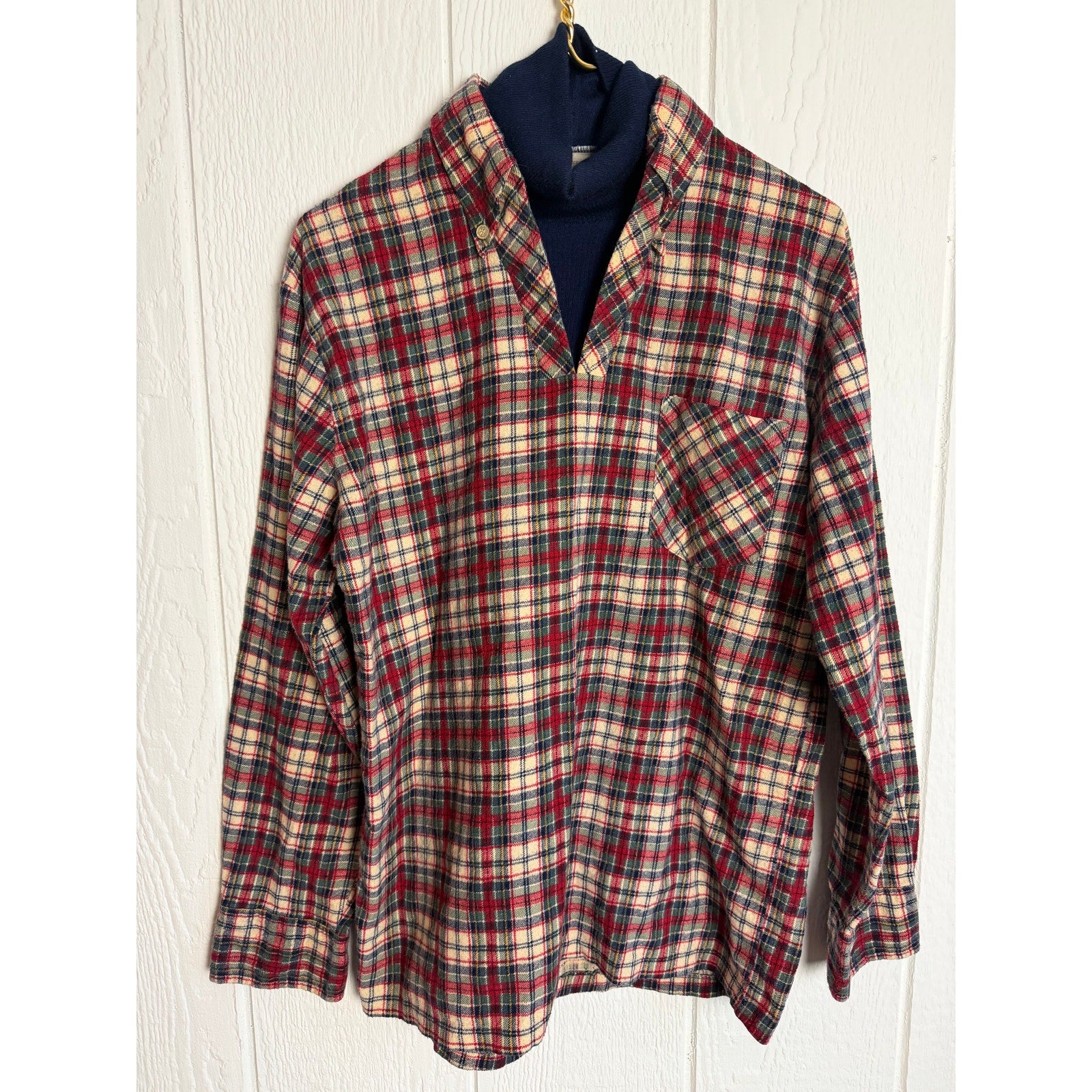 Vintage 90s Brubaker Plaid Mock Neck Layered Flannel Shirt Size M