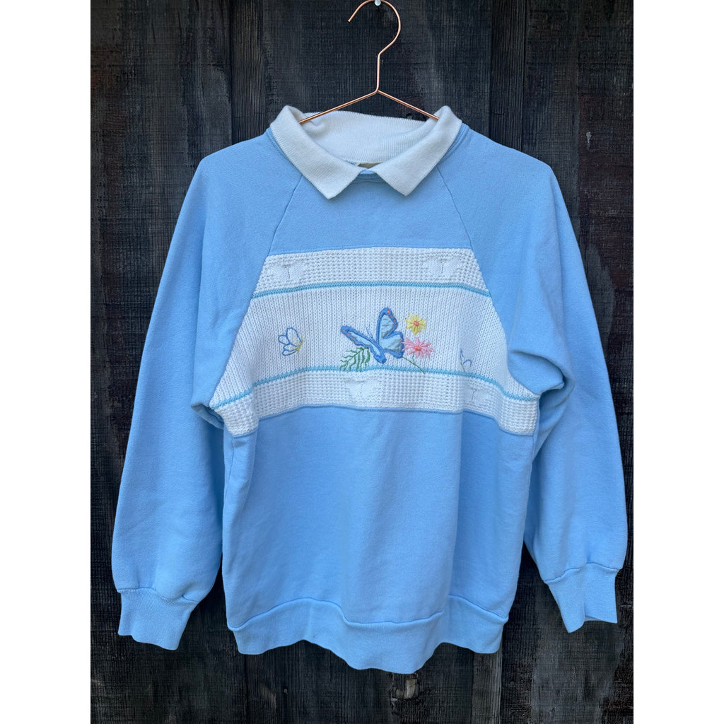 Vintage 90s Butterfly Knit Panel Collared Sweater, Small