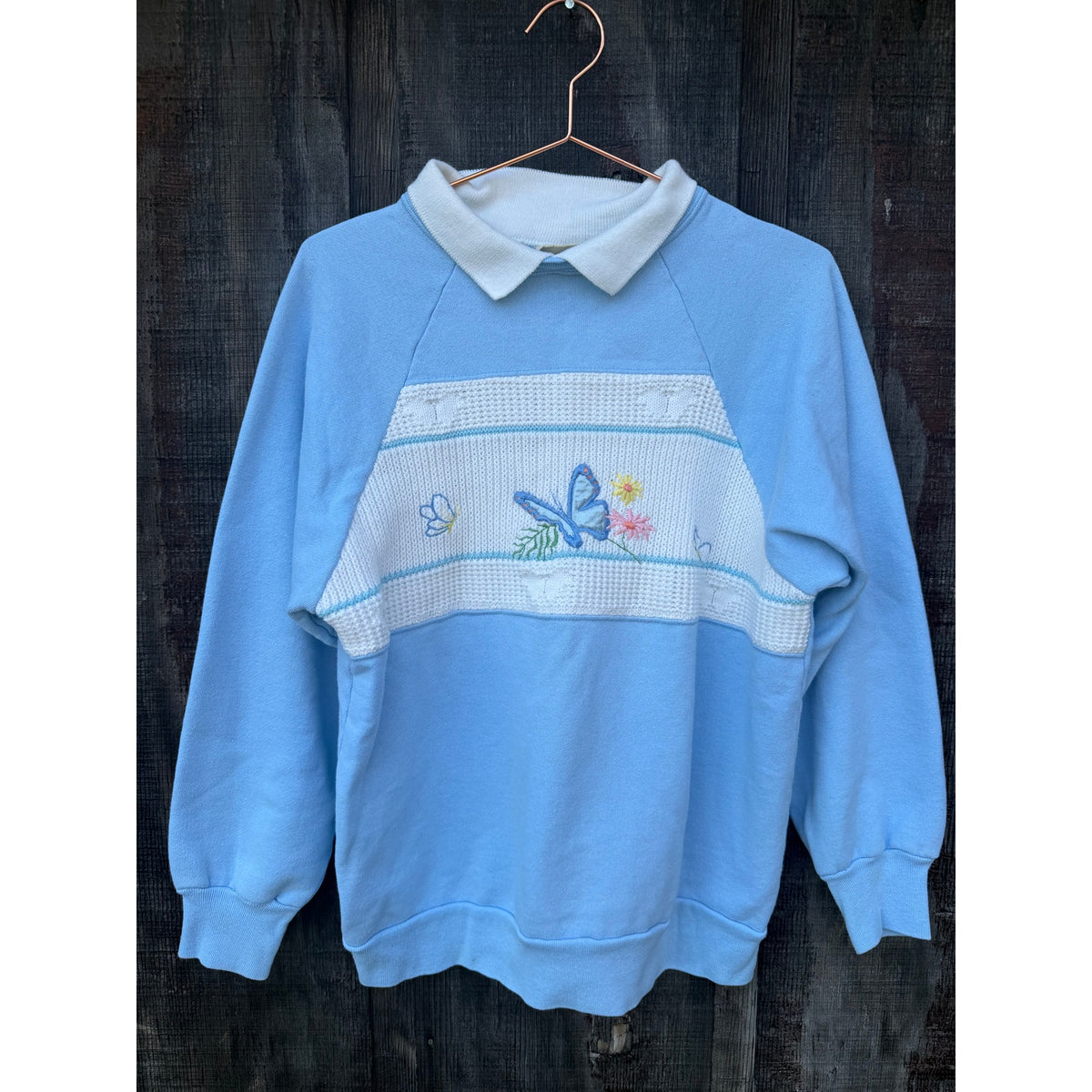 Vintage 90s Butterfly Knit Panel Collared Sweater, Small