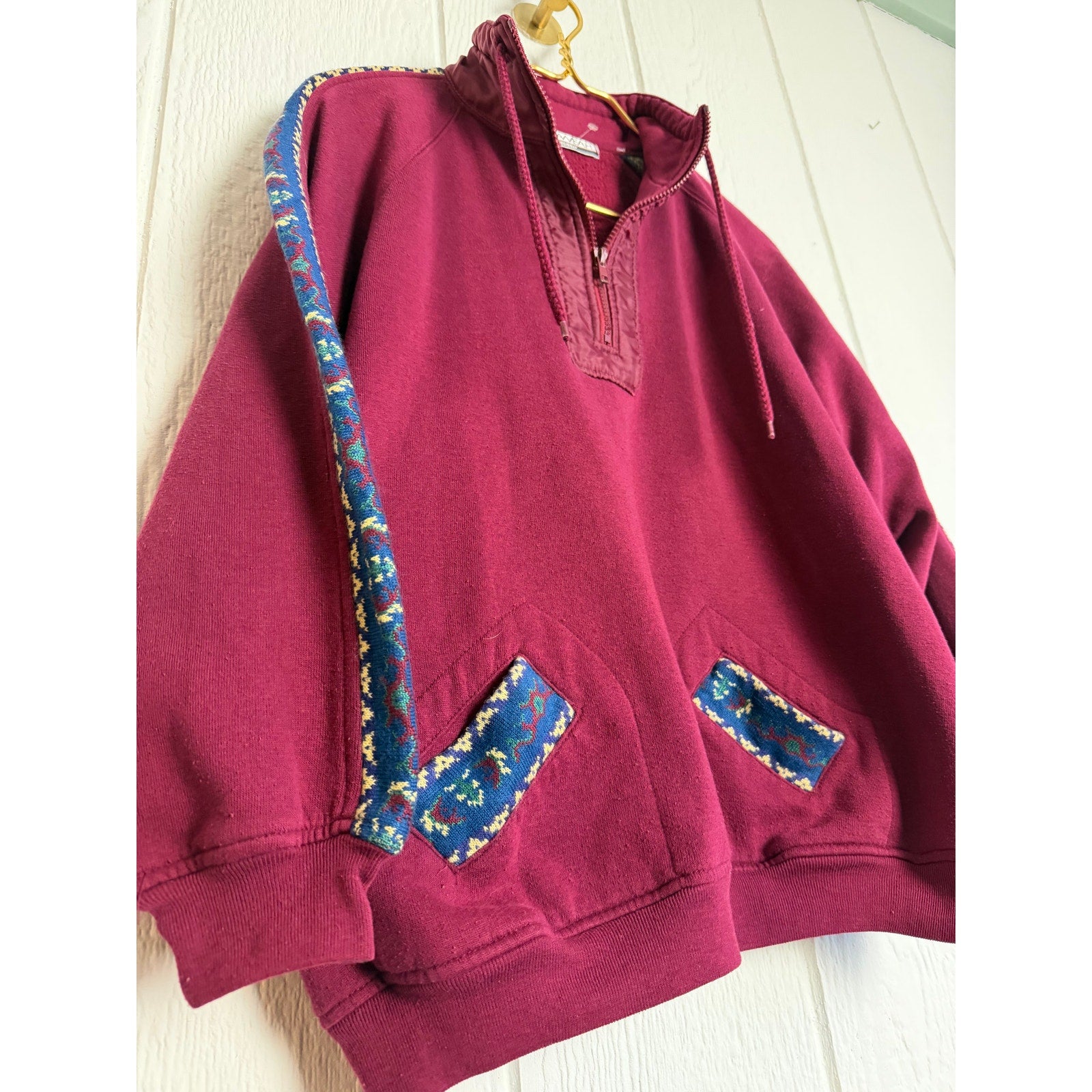 Vintage 90s Chinawear Quarter Zip Sweatshirt Burgundy Fleece Lined Size