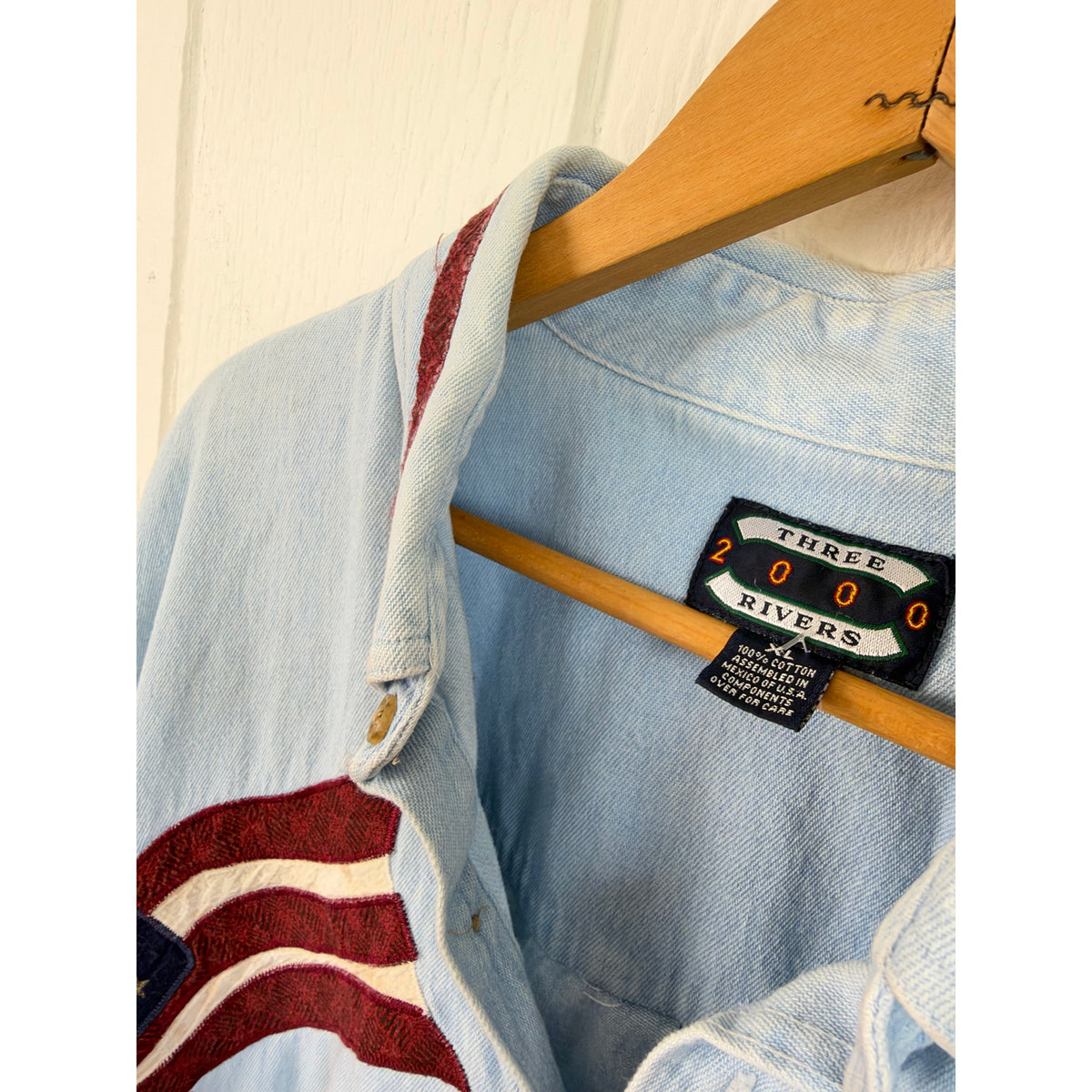 Vintage 90s Three Rivers 2000 Denim Shirt Patriotic Flag Star Applique XL