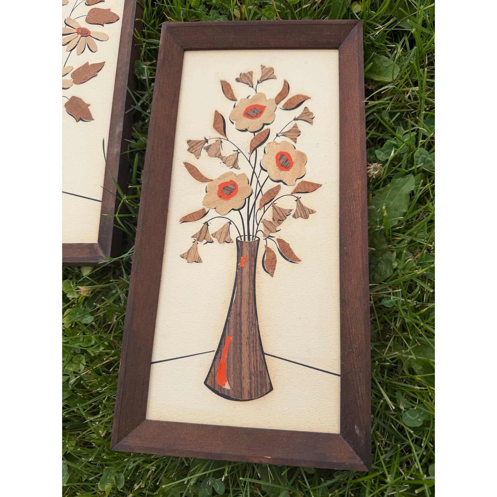 Vintage 1970s Handmade Wood Veneer Floral Wall Art Set Mid Century Folk Art Pair