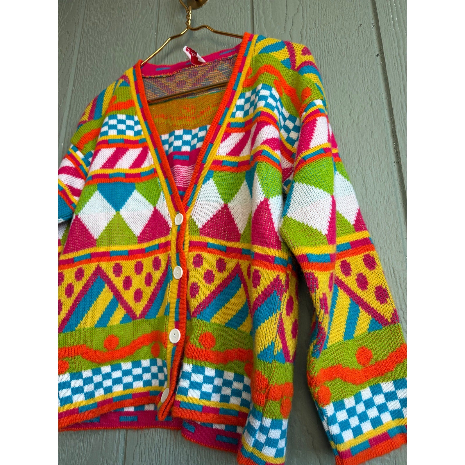 Vintage Grand Knitwear Colorful Geometric Knit Cardigan 80s 90s Sweater