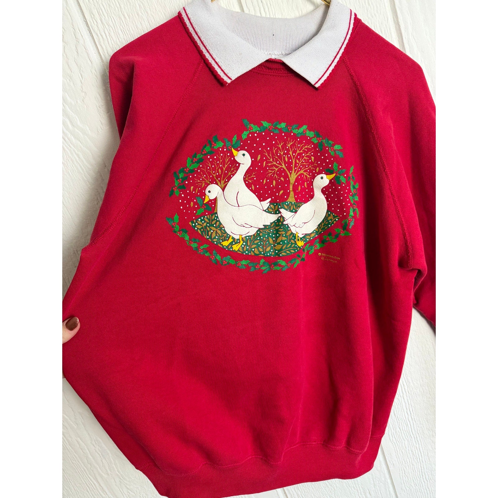 Vintage 90s Morning Sun Goose Collar Sweater XL Red Made in USA