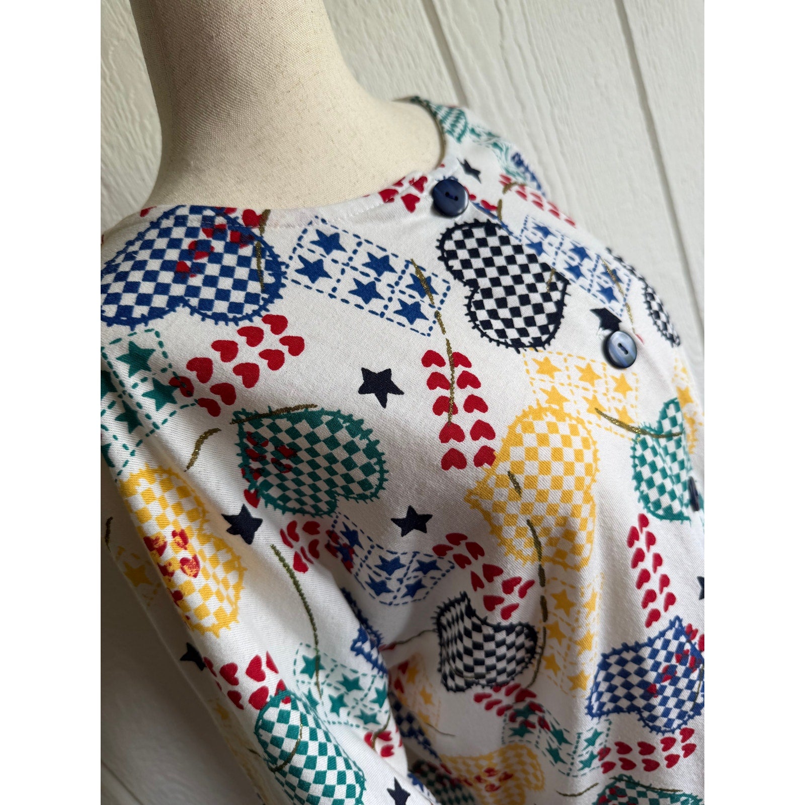 Vintage Act III Heart Print Blouse Button Front Novelty Checker Star Top Medium