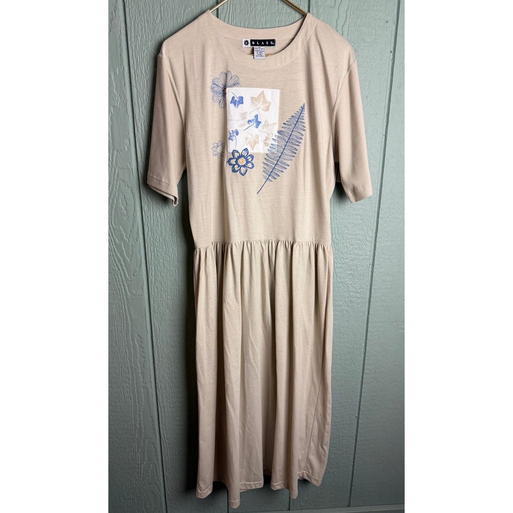 Vintage 90s Blast Floral Graphic Dress Beige Blue Botanical Print Medium
