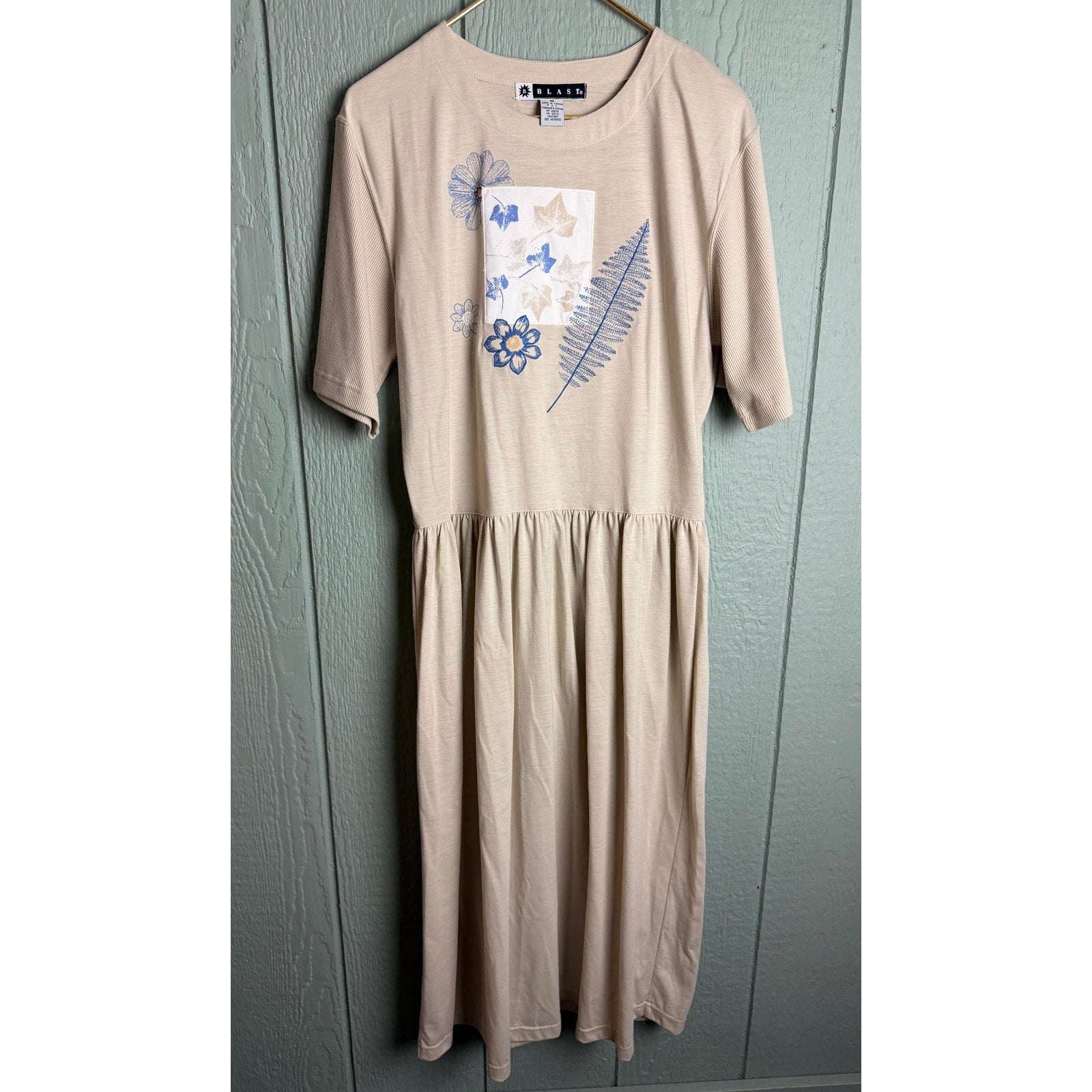 Vintage 90s Blast Floral Graphic Dress Beige Blue Botanical Print Medium