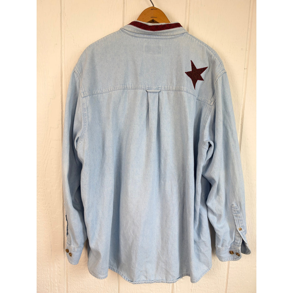 Vintage 90s Three Rivers 2000 Denim Shirt Patriotic Flag Star Applique XL