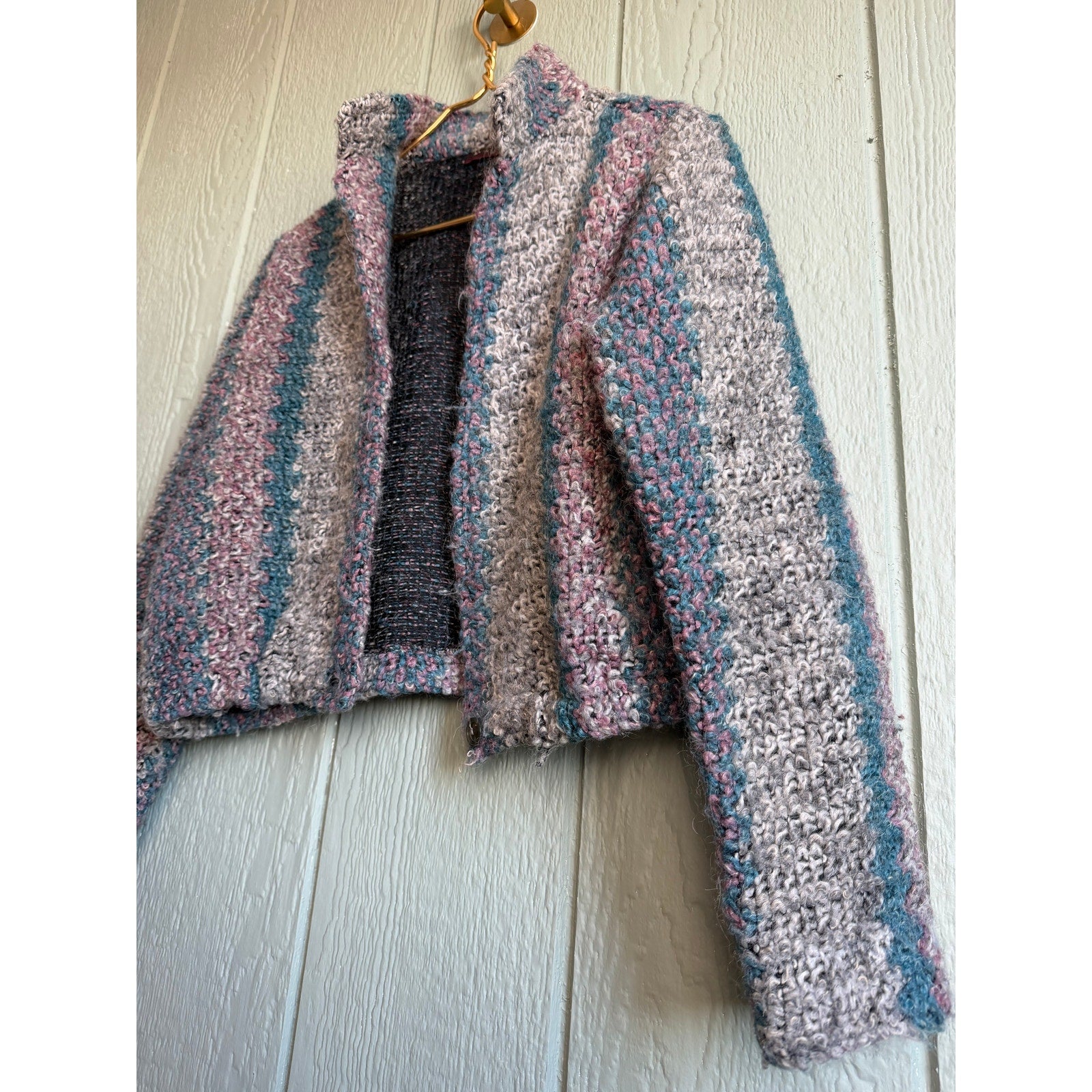 Vintage Chunky Knit Cropped Cardigan Jacket Pastel Stripe Sweater Medium Mohair