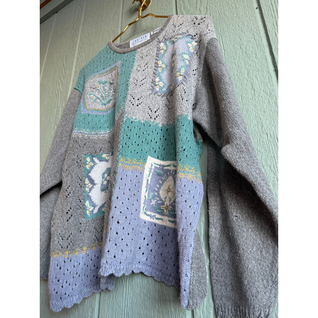 Vintage 90s Patchwork Embroidered Floral Knit Sweater – Jantzen Classics XL