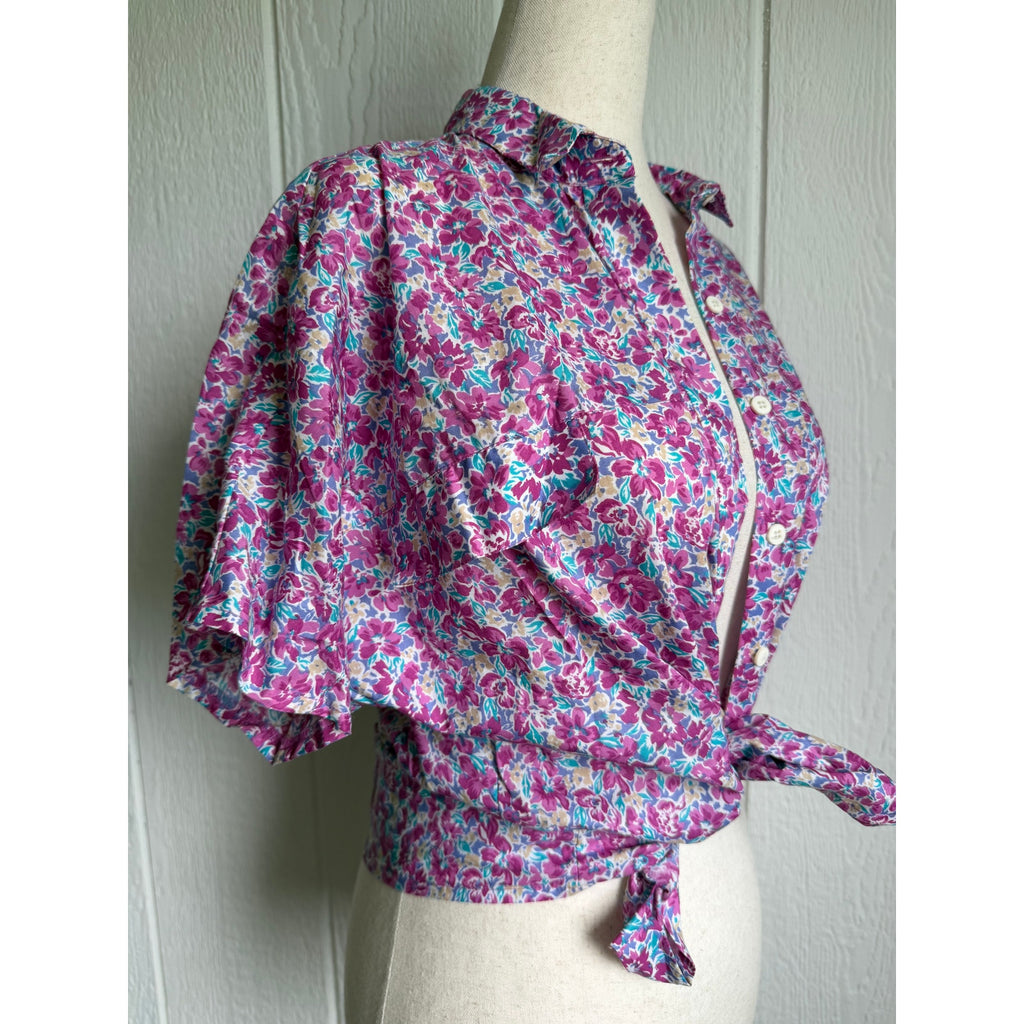 Vintage Floral Button Up Blouse Pink Purple Cottagecore Short Sleeve Shirt
