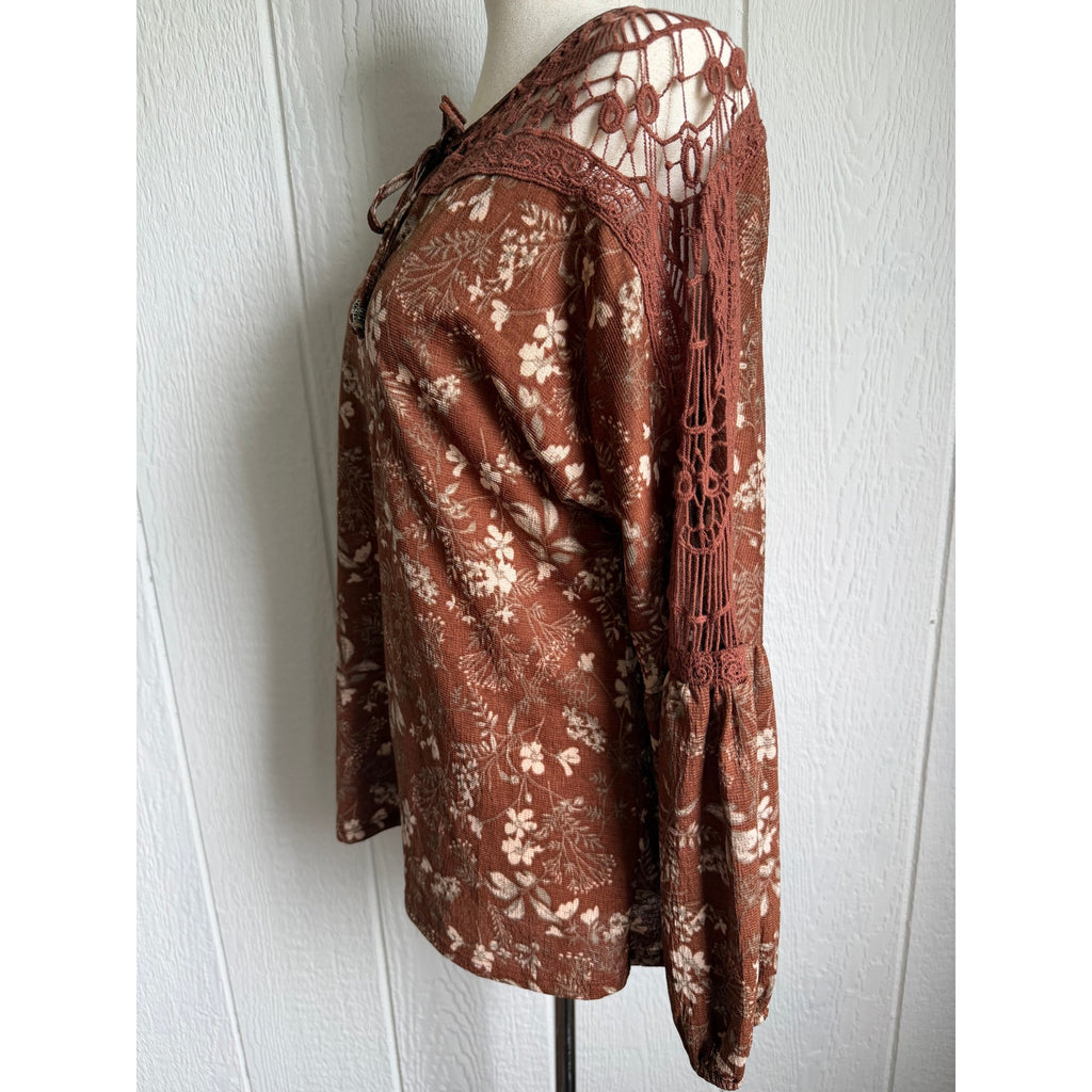 Y2K Boho Floral Peasant Top Medium Brown Crochet Lace Balloon Medium