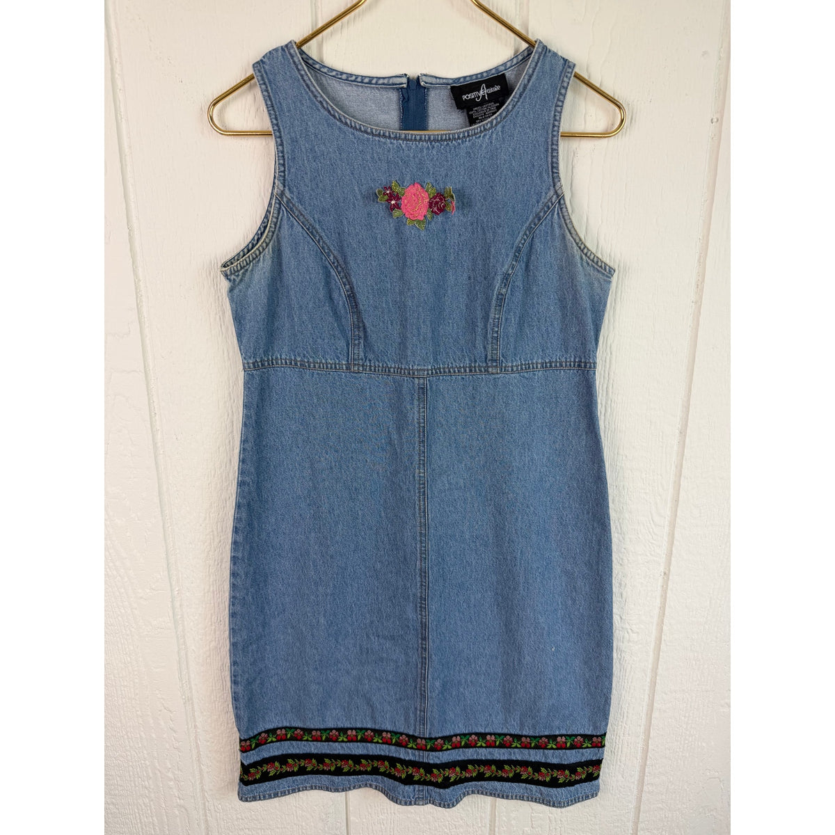 Vintage 90s Positive Attitude Denim Mini Dress Size 6 Floral Embroidered Y2K
