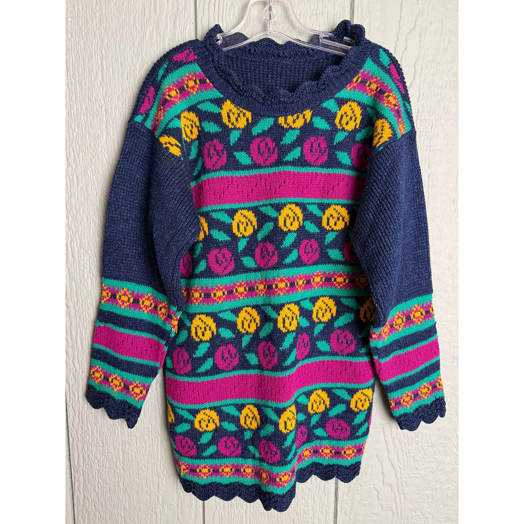 Vintage 80s Girls Sweater Navy Floral Knit Pullover Scalloped Trim Retro