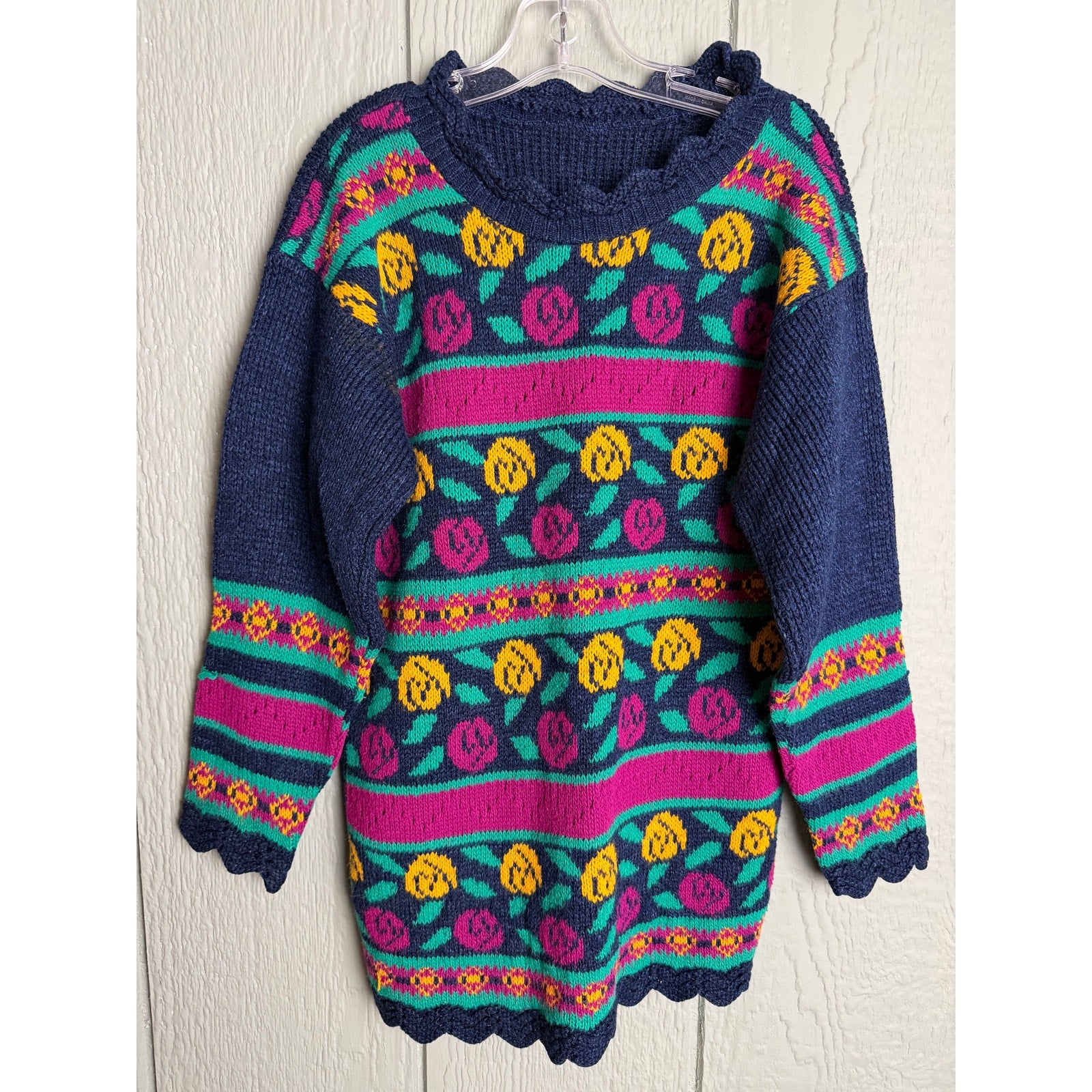 Vintage 80s Girls Sweater Navy Floral Knit Pullover Scalloped Trim Retro