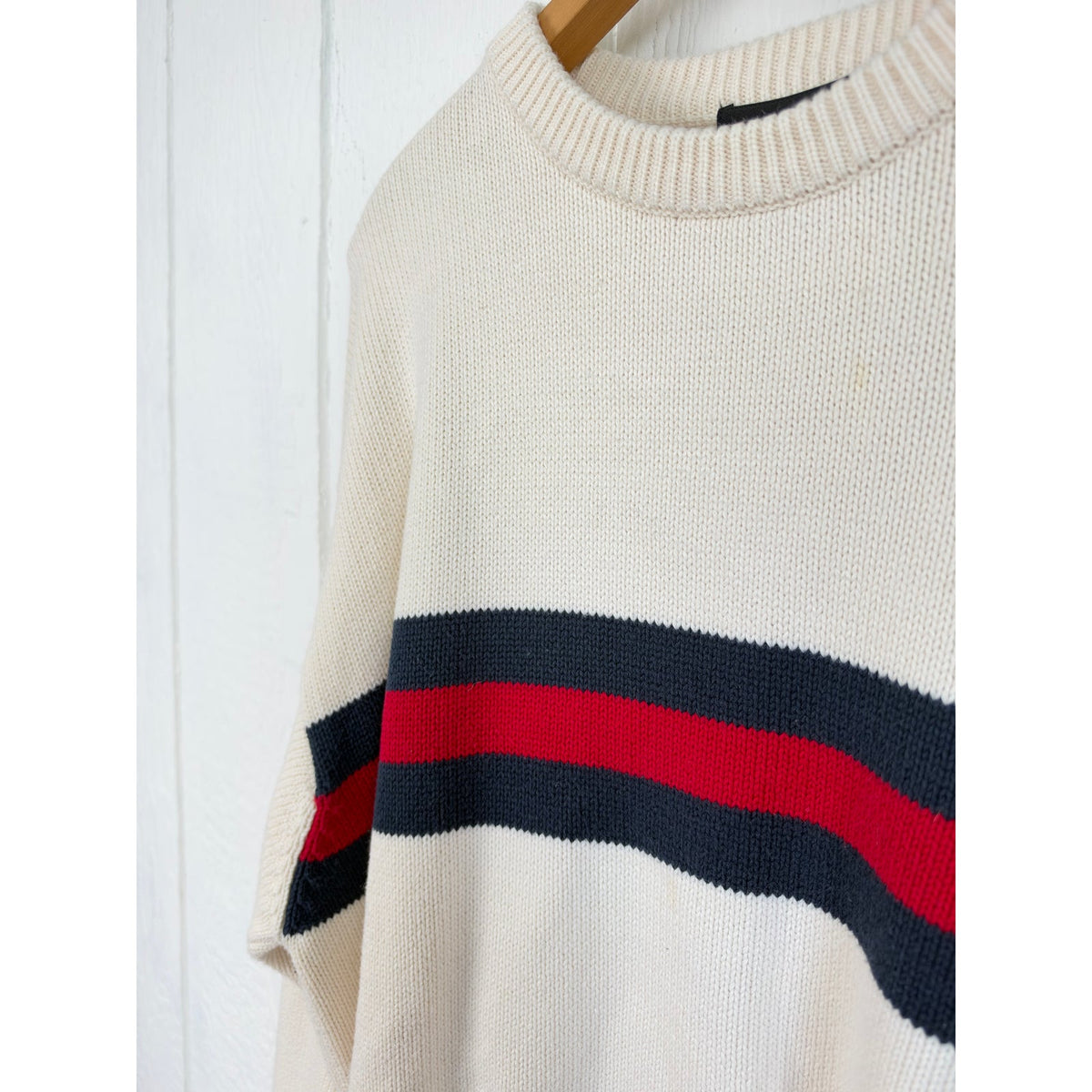 Vintage Croft & Barrow Cream Navy Red Stripe Cotton Knit Sweater Preppy 90s XL