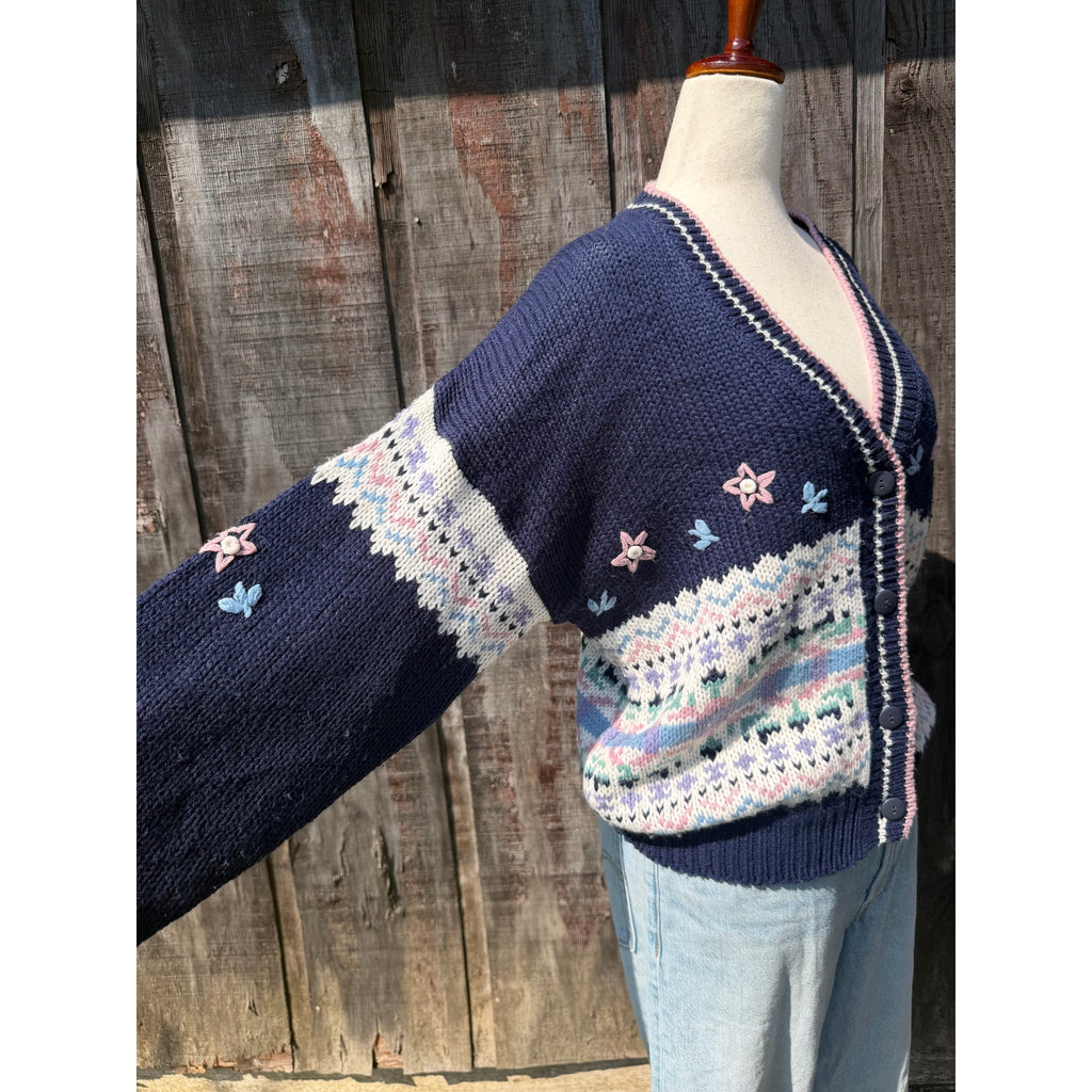 Vintage 90s Floral Knit Fair Isle Cardigan Small