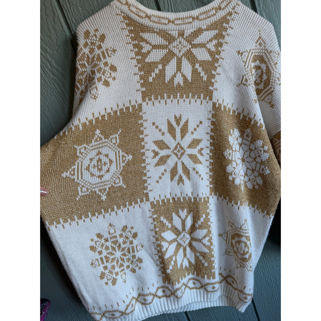 Vintage New Addition Ivory & Gold Snowflake Knit Sweater Holiday Cozy