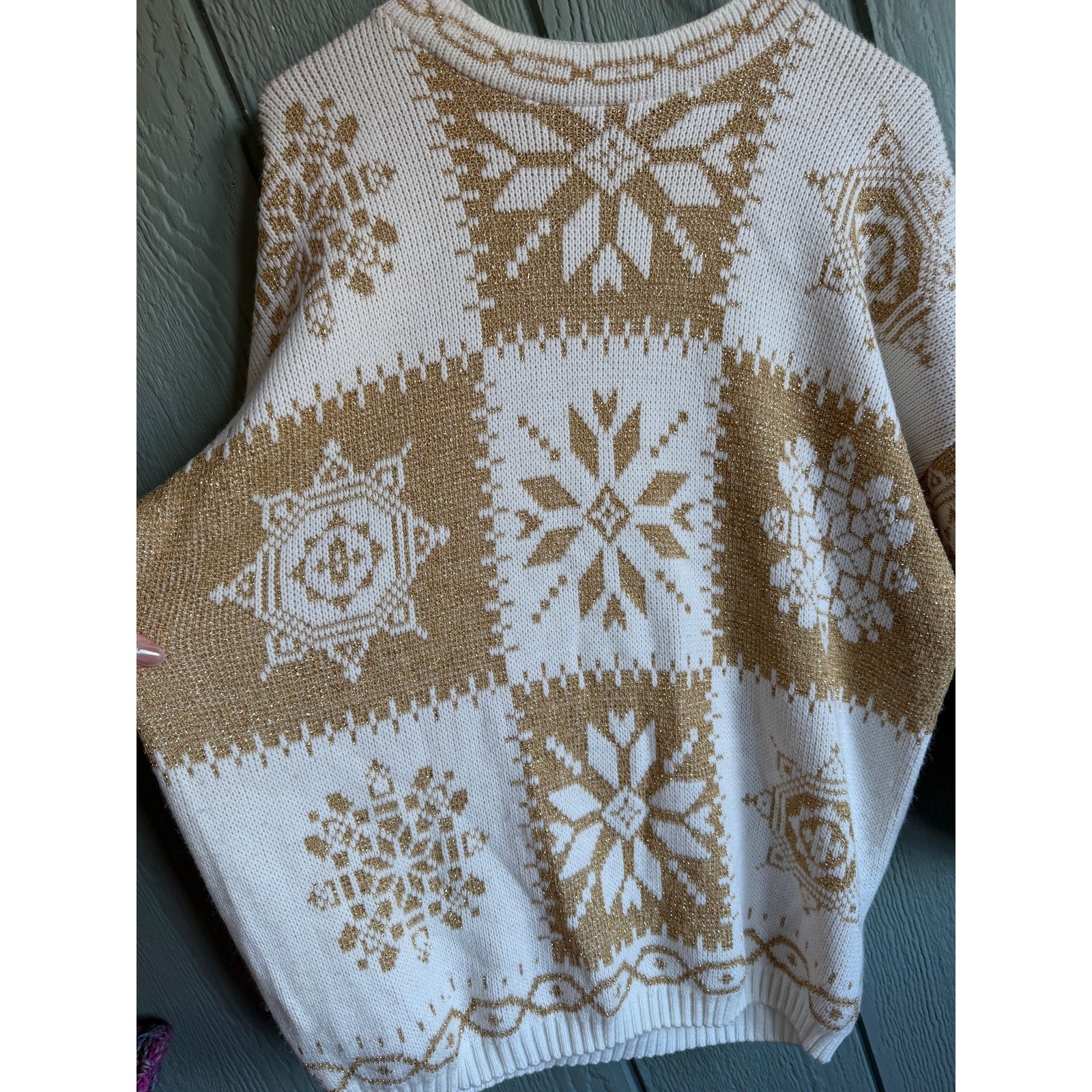Vintage New Addition Ivory & Gold Snowflake Knit Sweater Holiday Cozy
