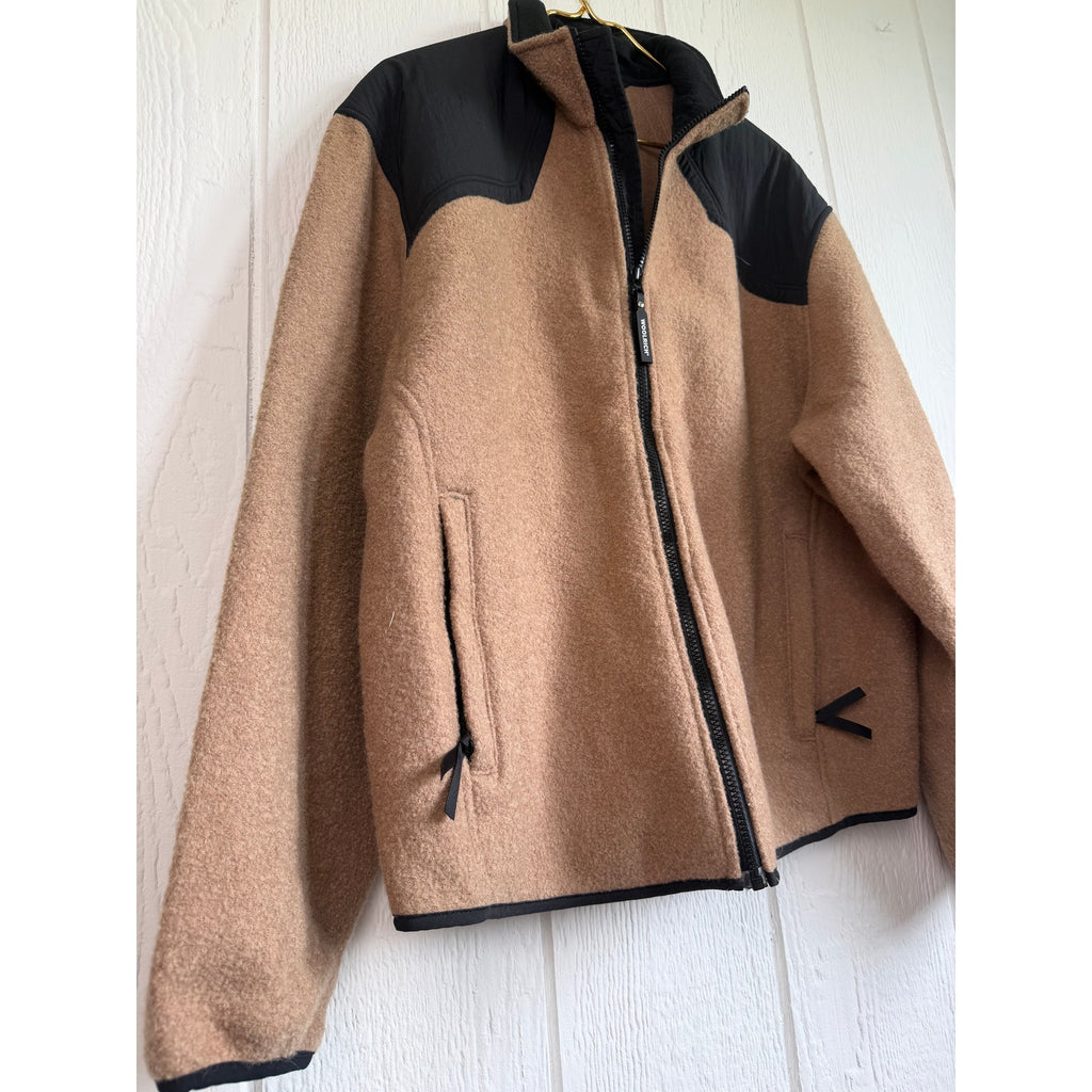 Woolrich TechnoWool Men's XL Full Zip Wool Blend Fleece Jacket Tan Black USA