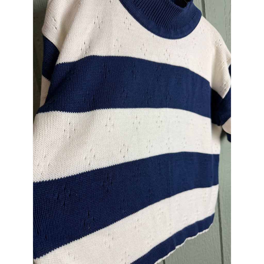 Vintage 80s Navy White Stripe Knit Top Short Sleeve Mock Neck Made in USA