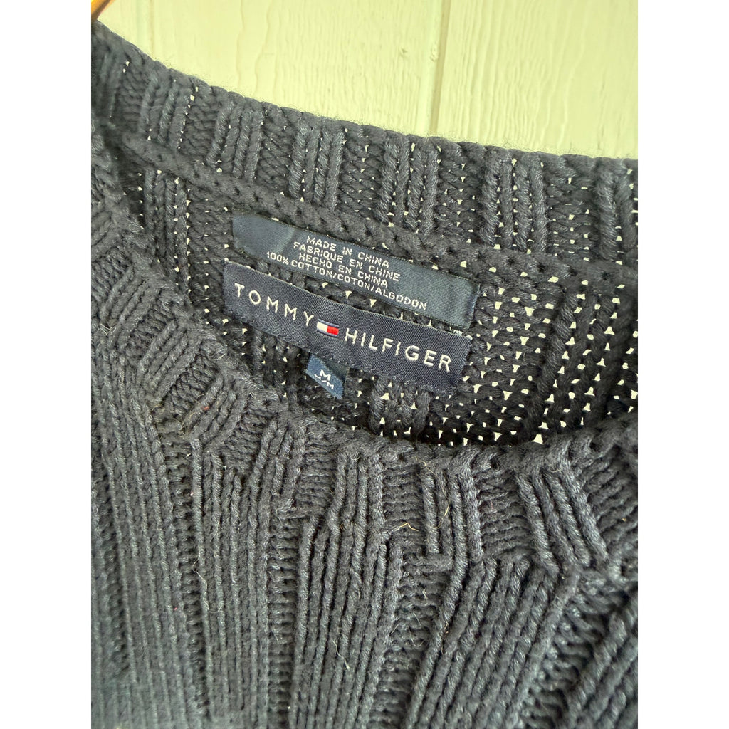 Vintage 90s Tommy Hilfiger American Flag Cable Knit Hand-Knit Sweater Medium