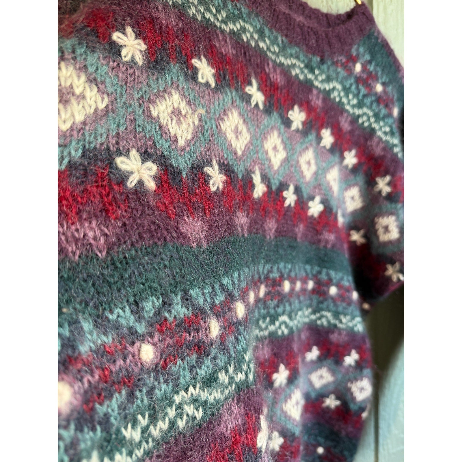 Vintage 90s Christopher & Banks Mohair Blend Sweater Nordic Fair Isle Pattern Knit Hand Embroidered