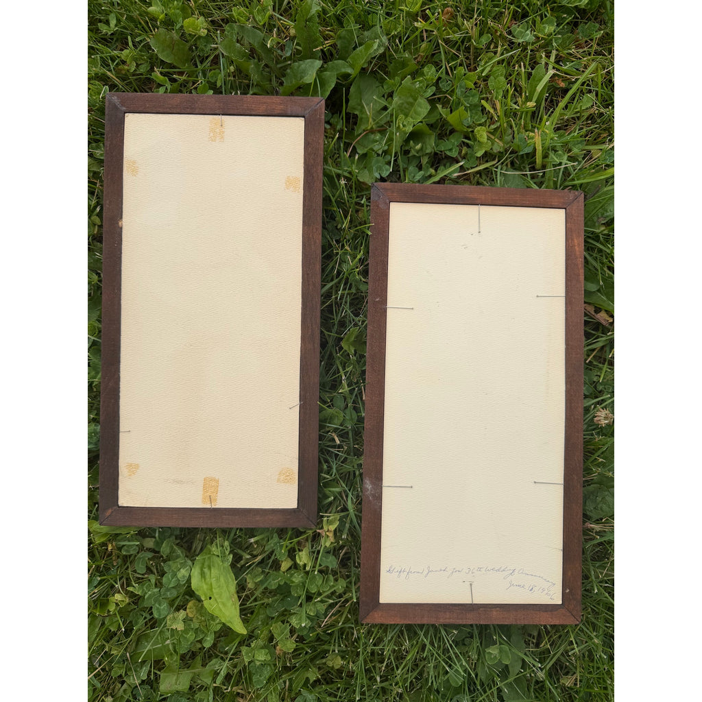 Vintage 1970s Handmade Wood Veneer Floral Wall Art Set Mid Century Folk Art Pair
