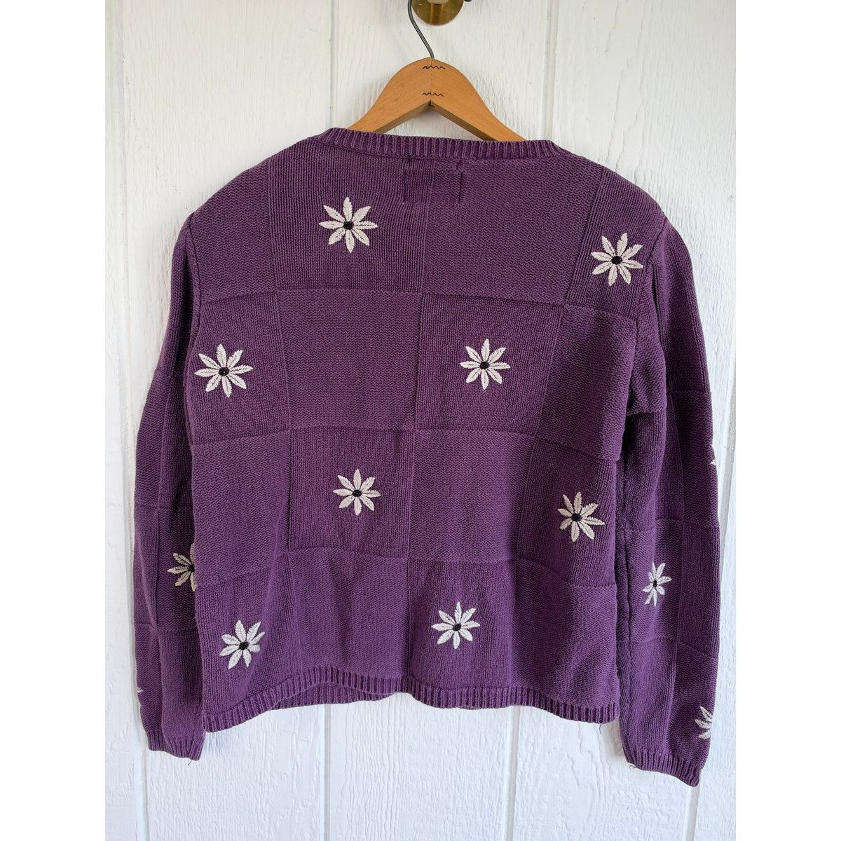 Vintage 90s Purple Daisy Embroidered Patchwork Cardigan Size S Cottagecore
