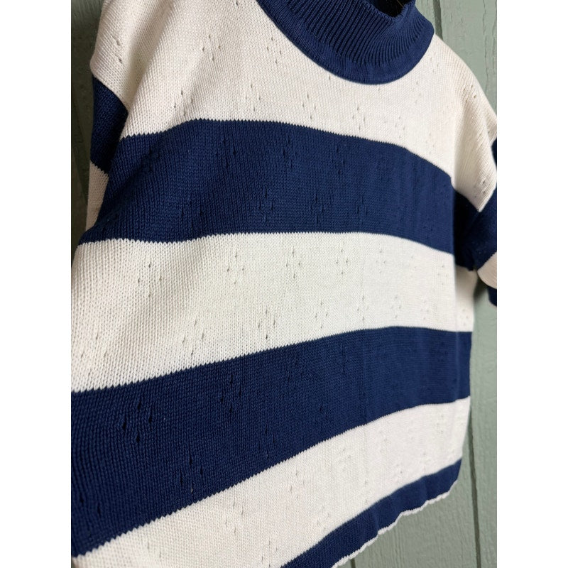 Vintage 80s Navy White Stripe Knit Top Short Sleeve Mock Neck Made in USA