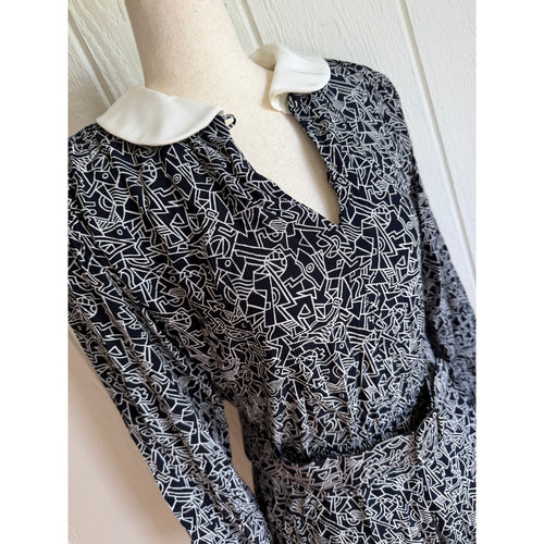 Vintage 80s/90s Abstract Geometric Midi Dress Collar Secretary Belted Dress 12