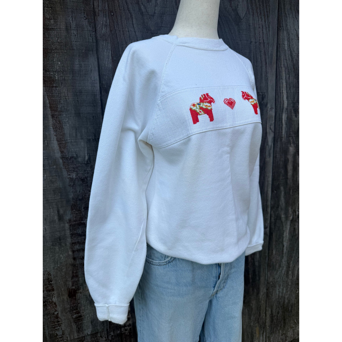 Vintage Cross Stitch Dala Horse Swedish Folk Crewneck, Medium