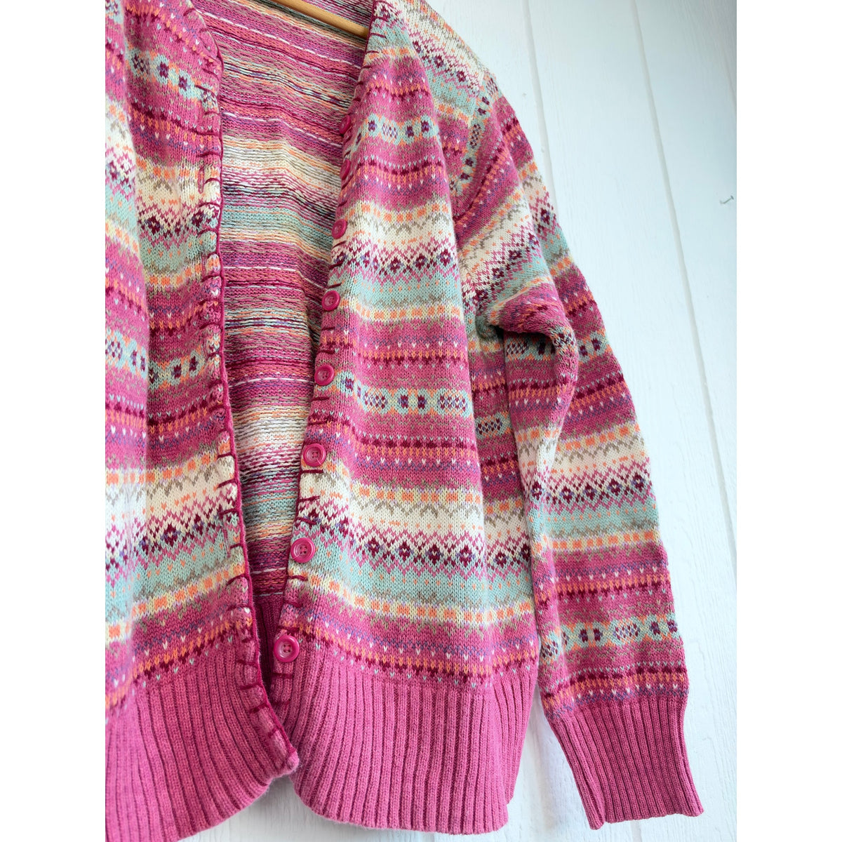 Vintage Tiara Fair Isle Cardigan Sweater Pink Pastel Nordic Cottagecore 14/16